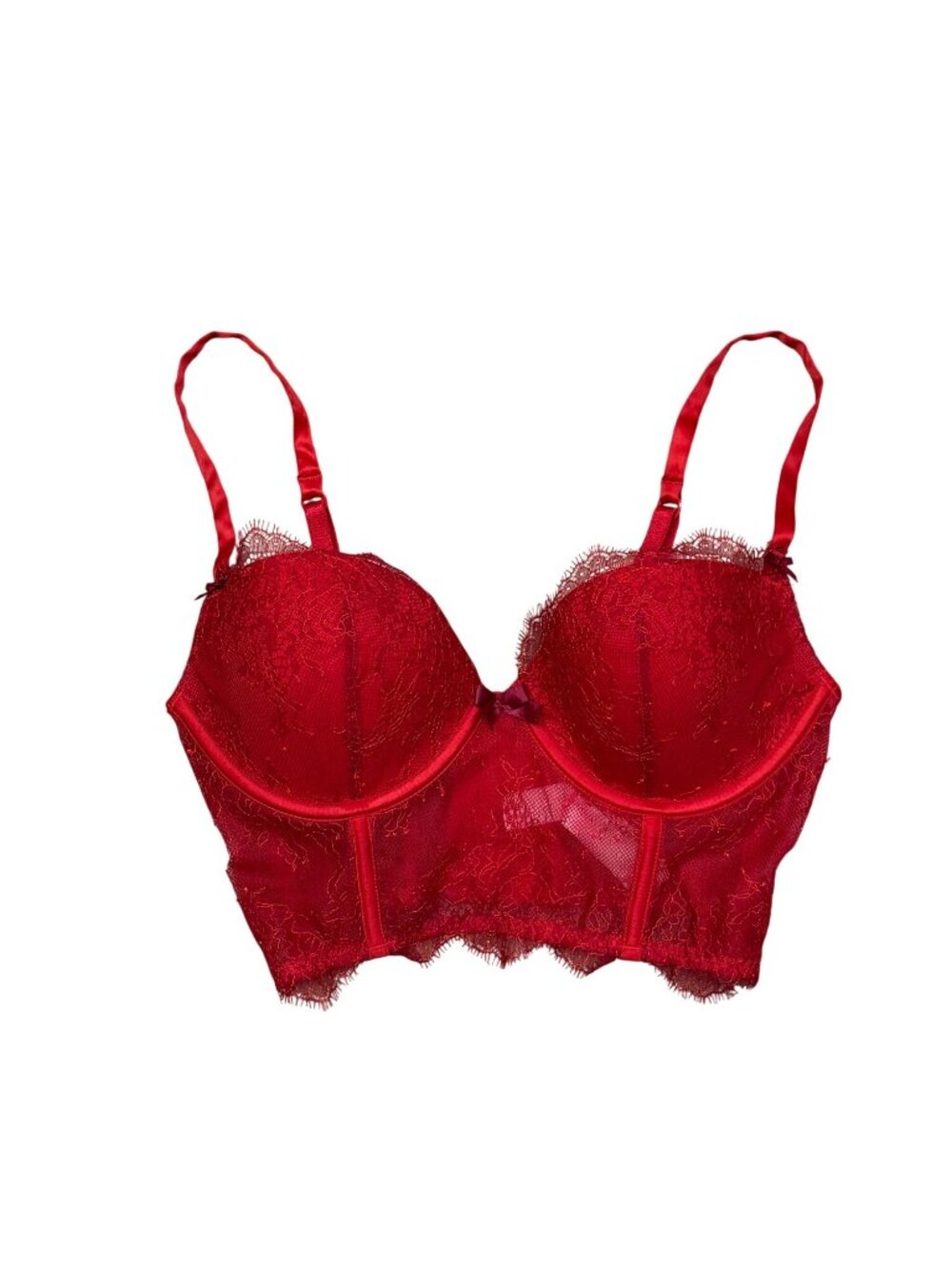 Victorias Secret Red Lace Demi Bustier Bra 32D Push Up NWT Adjustable Straps
